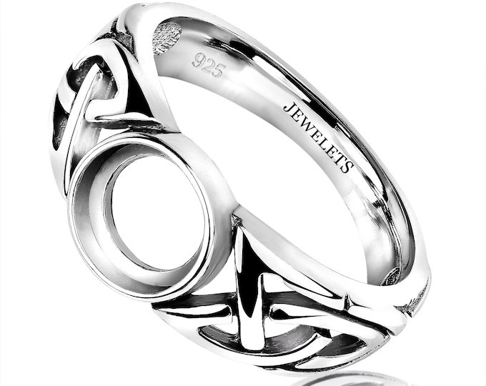 Silver Ring Blank 8 mm – Celtic Knot Style with Black Pattern Base | 925 Sterling Silver Bezel Setting Mounting | DIY Fine Jewelry Ring Base