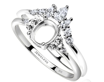 Silver 6x8 Engagement Ring Blank Set with Band, CZ Side Stones, Bridal Ring Base, Semi-Mount Oval Ring Setting, DIY Jewelry Making