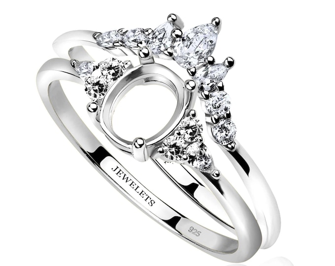 Silver 6x8 Engagement Ring Blank Set with Band, CZ Side Stones, Bridal Ring Base, Semi-Mount Oval Ring Setting, DIY Jewelry Making