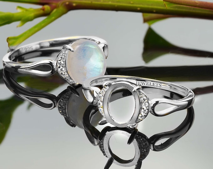 Silver Ring Blank 8x10 mm Oval Cabochon Halo 925 Fine Jewelry Semi-Mount