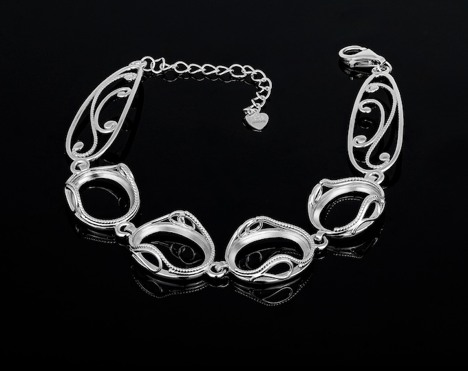 Bracelet  Sterling Silver 925, Stone: 12x16 mm, Bracelet Base for Gemstone, Rhodium Plated, Bezel setting,
