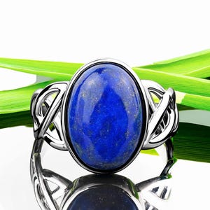 May include: A silver ring featuring a large, oval-shaped, deep blue lapis lazuli stone. The stone is set in a bezel and surrounded by a decorative, interwoven silver band. The ring is displayed on a reflective surface with green foliage in the background.