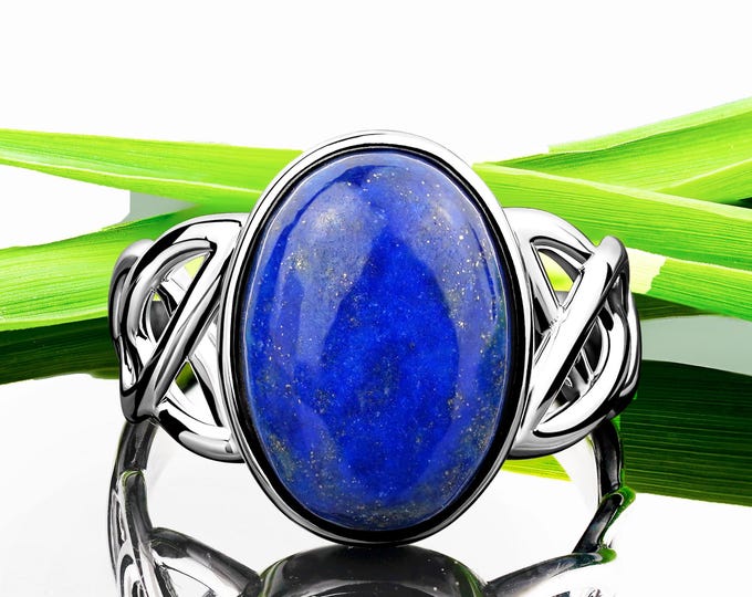 Lapis Lazuli Silver Celtic Design Ring – Oval 10x14 mm  Handcrafted Boho Statement Jewelry