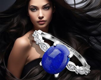 Lapis Lazuli Ring Sterling Silver 925 Rhodium Plated | 10x8mm Oval Gemstone | CZ Side Stones | Dainty Blue Stone Ring Gift for Her