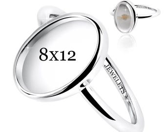 Bezel Cup 8x12 mm Ring Blank – Sterling Silver Oval  | Rhodium Plated Keepsake & Resin Art Jewelry Base | Minimalist Plain Style
