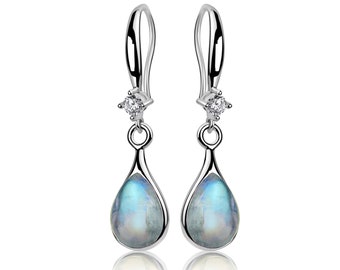 925 Silver Earrings with Genuine Rainbow Moonstone AAA, stone: pear 7x10 mm