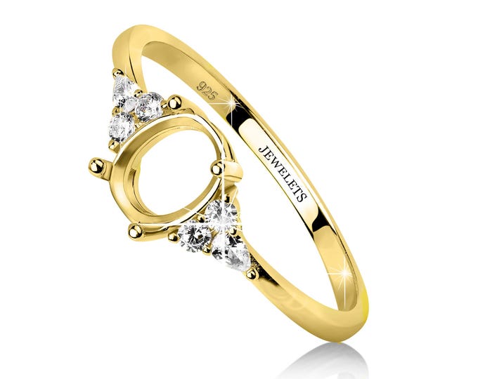 Sterling Silver Ring Blank with CZ Side Stones - 6x8mm Oval Prong Setting for Gemstone - Semi Mount DIY Jewelry Ring Base, Gold Plated