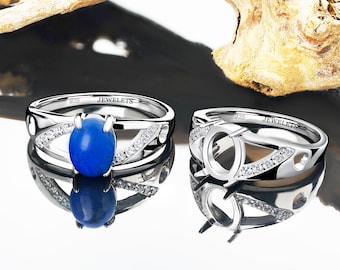 925 Silver Ring Blank 7x9mm Prong Setting | 10 CZ Side Stones | Rhodium Plated Aesthetic Ring Base for DIY Gemstone Jewelry