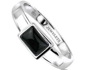 925 Silver Ring with Black Onyx 5x7mm – Rhodium Plated Rectangular Bezel | Minimalist Signet Style | Modern Black Stone Statement Ring