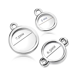 May include: Three silver-toned metal round picture frame pendants with jump rings. The frames are 5 mm, 6.5 mm, and 7.5 mm in diameter.