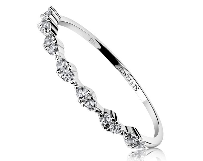 Silver Half Eternity Ring – Stackable Cubic Zirconia Band with 6 Sections, 12 Stones – Dainty CZ Ring for Women