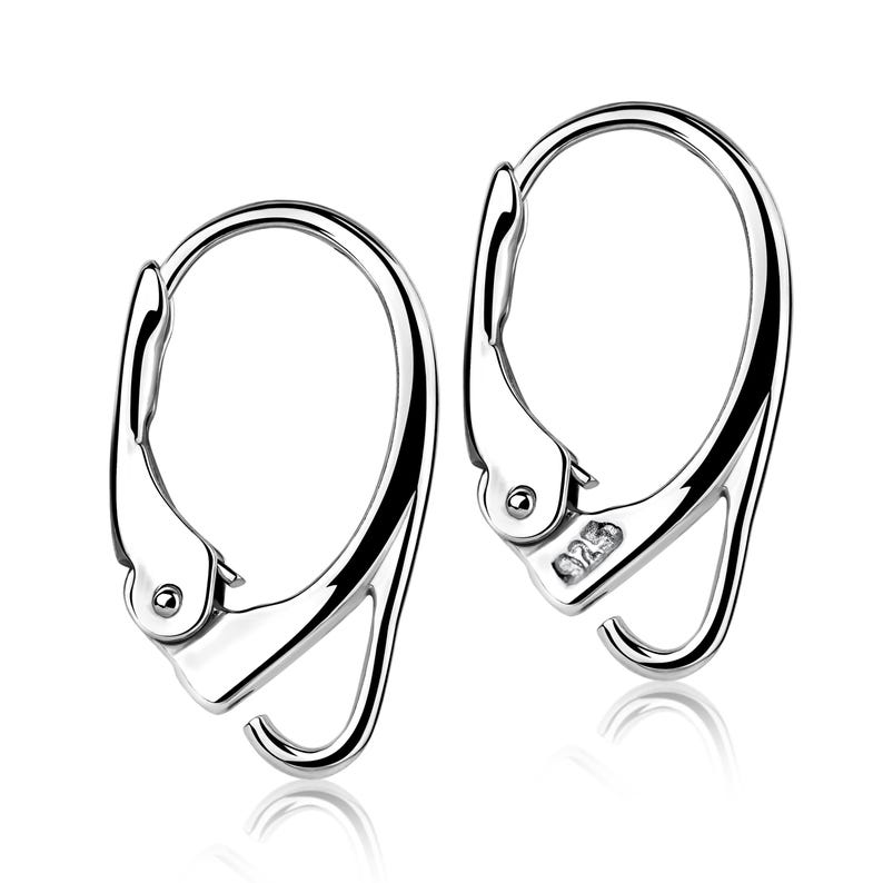 One pair of 925 sterling silver leverback earring findings for jewelry repair and handmade jewelry projects. Comfortable ear wires designed for sensitive ears and fine jewelry applications.