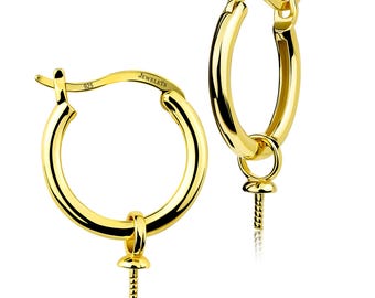 Gold Plated 925 Sterling Silver Hoop Earrings with Removable Pearl Pin Cup – 18 mm Creole Earrings for Pearls, Beads Jewelry Making