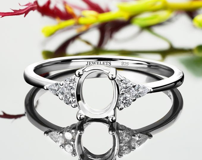 Sterling Silver Ring Blank with CZ Side Stones - 6x8mm Oval Prong Setting for Gemstone - Semi Mount DIY Jewelry Ring Base, Rhodium Plated