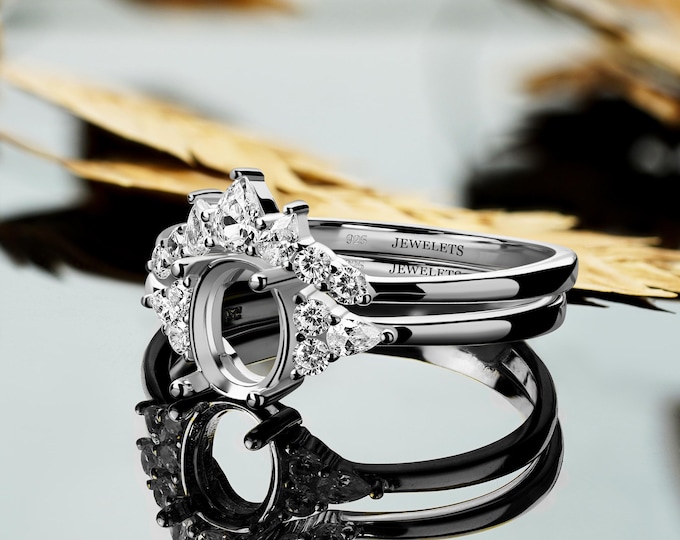 Silver 6x8 Engagement Ring Blank With Band Cubic Zirconia Side Stone, Wedding Set