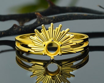 Silver Ring 5mm Round Blank Bezel Antique Sun Rays Base Mounting Gold Plated