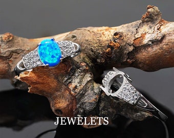 Silver Blank Ring With CZ, Central Stone 9x7 mm, 16 White CZ, Prong Setting Fine Jewelry
