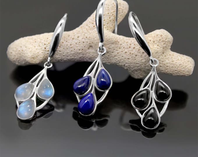 Elegant, stylish multistone earrings with Lapis Lazuli, Rainbow Moonstone,  Black Onyx and Tiger Eye, Rose Quarzt Silver 925