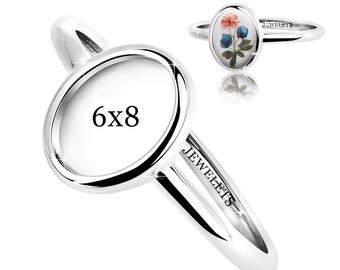 Bezel Cup 6x8 mm Ring Blank – Sterling Silver Oval  | Rhodium Plated Keepsake & Resin Art Jewelry Base | Minimalist Plain Style