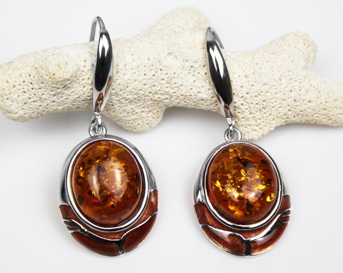 Silver 925 Earrings With Moonstone, Labradorite, Amethyst, Rose Quartz, Lapis Lazuli, Black Onyx Tiger Eye and Amber , Enameled