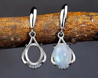Silver Earrings Blank 9x7 mm, Cabochon Mounting Base, Rhodium Plated