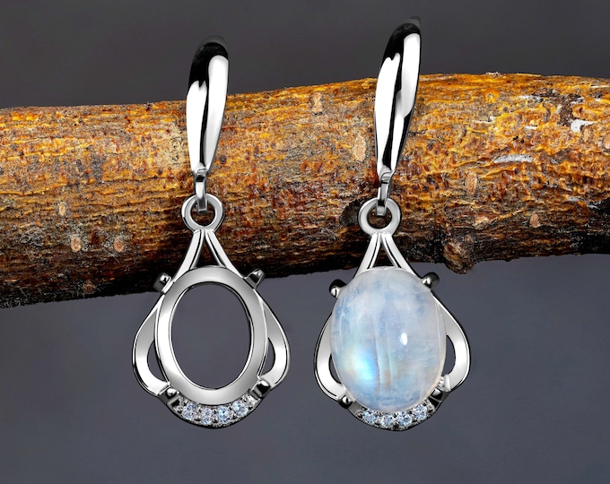 Silver Earrings Blank 9x7 mm, Cabochon Mounting Base, Rhodium Plated