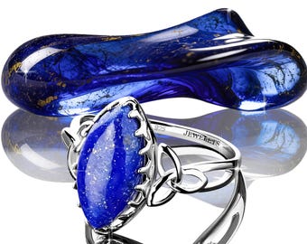 Natural Lapis Lazuli Ring – 925 Sterling Silver Marquise Celtic Knot Design – Rhodium Plated Handmade Fine Jewelry for Women