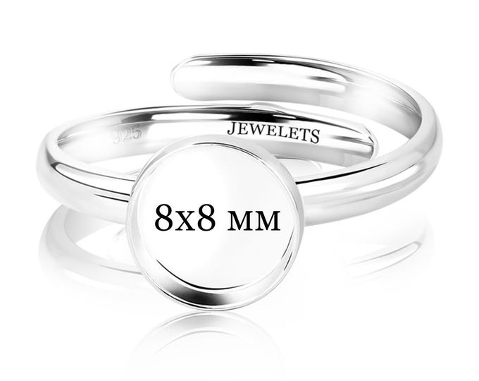 925 Sterling Silver 8mm Ring Blank – Round Bezel Cup – Adjustable Band for Keepsake Jewelry and Resin Art