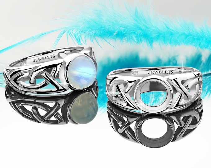 Silver Ring Blank 8 mm – Celtic Knot Style Black Pattern Base | 925 Bezel Setting Mounting | DIY Fine Jewelry Ring Base