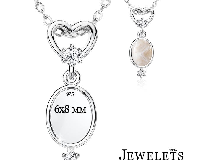 Necklace Blank 6x8mm Bezel Cup, Rhodium Plated 925 Sterling Silver Pendant with 18 Inch Chain, Breast Milk Keepsake Cabochon Base
