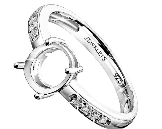925 Sterling Silver Ring Blank – 6x8 mm Prong Setting | Rhodium Plated Semi Mount with 8 CZ Side Stones in Shank | Fine Jewelry Base