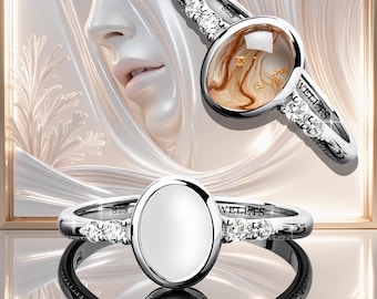 925 Sterling Silver 6×8 mm Oval Bezel Cup Ring Blank – 4 CZ Side Stones – DIY Breast Milk, Resin & Keepsake Jewelry for Women, RhodiumPlated