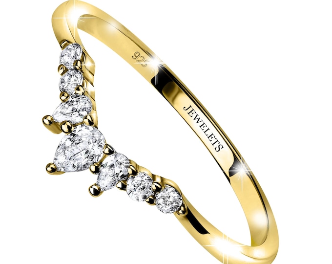 Silver 925 Ring Band 7 pcs AAA Cubic Zirconia Fine Jewelry Gold Plated Silver Crown Shape Band Stackable