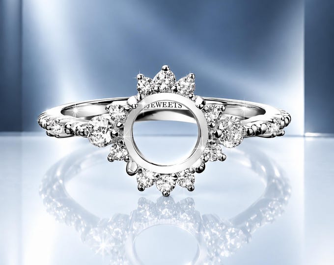 925 Sterling Silver Ring Blank – 8 mm Round Cabochon Halo Setting with 10 Cubic Zirconia – Rhodium Plated Statement Ring Semi-Mount