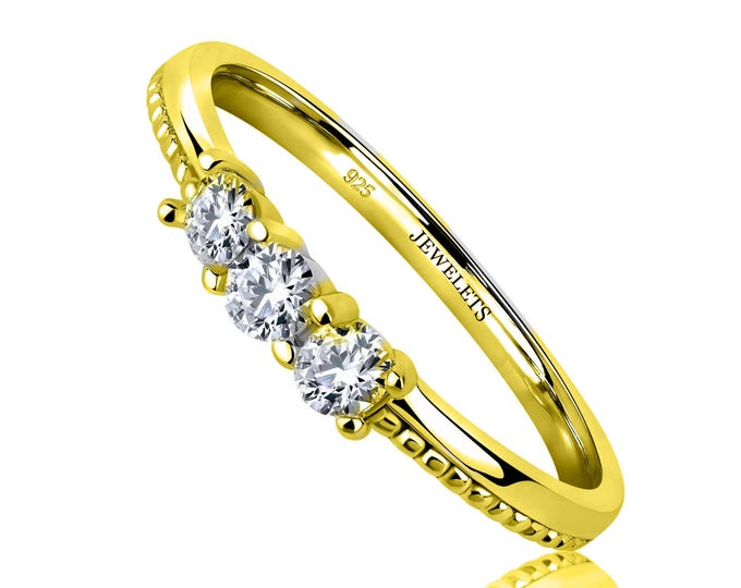 Sterling Silver Three-Stone Band – Gold Plated Ring with 3 Cubic Zirconia Stones | Fine Jewelry for Women