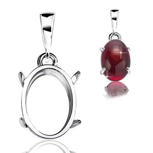 May include: Two silver pendant settings, one empty and one with a deep red oval gemstone. The settings have a loop for a chain and four prongs to hold the stone. The gemstone reflects light, creating a sparkling effect.