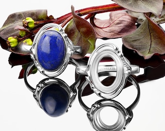 925 Silver Ring Blank Oval 10x14mm | Rhodium Plated Bezel Surrounding Leaves | Vintage Style DIY Gemstone Cabochon Jewelry Base