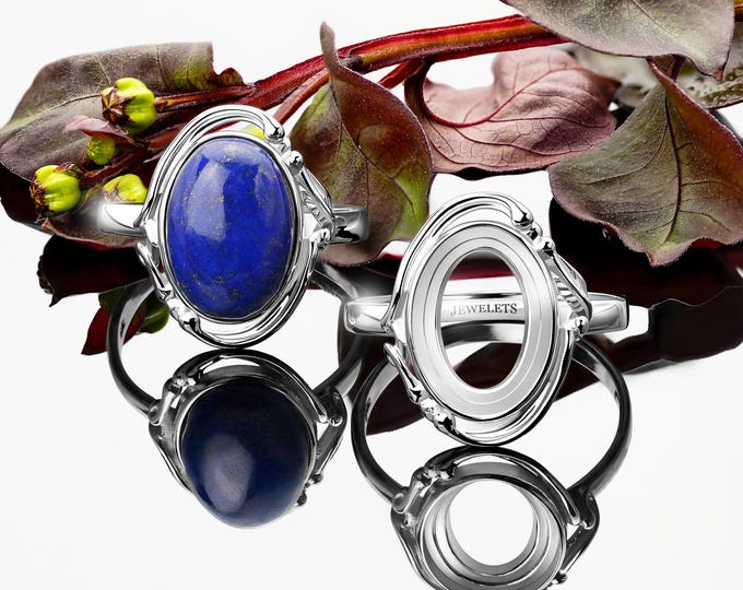 925 Silver Ring Blank Oval 10x14mm | Rhodium Plated Bezel Surrounding Leaves | Vintage Style DIY Gemstone Cabochon Jewelry Base
