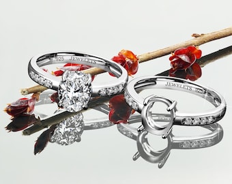 925 Sterling Silver Ring Blank – 6x8 mm Prong Setting | Rhodium Plated Semi Mount with 8 CZ Side Stones in Shank | Fine Jewelry Base