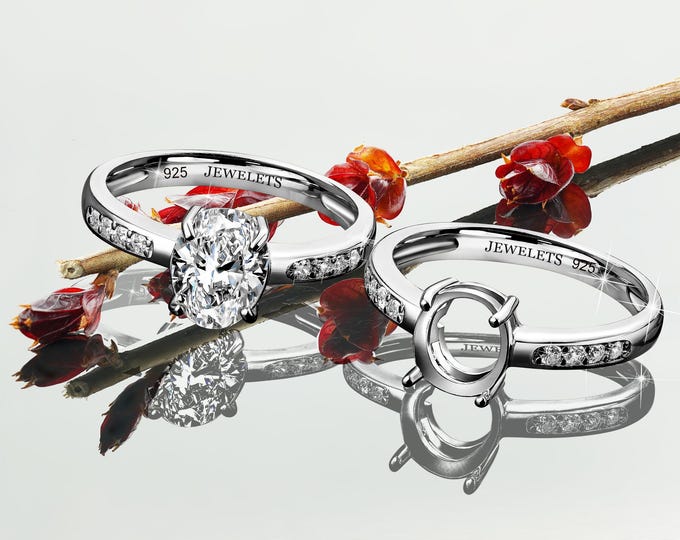 925 Sterling Silver Ring Blank – 6x8 mm Prong Setting | Rhodium Plated Semi Mount with 8 CZ Side Stones in Shank | Fine Jewelry Base