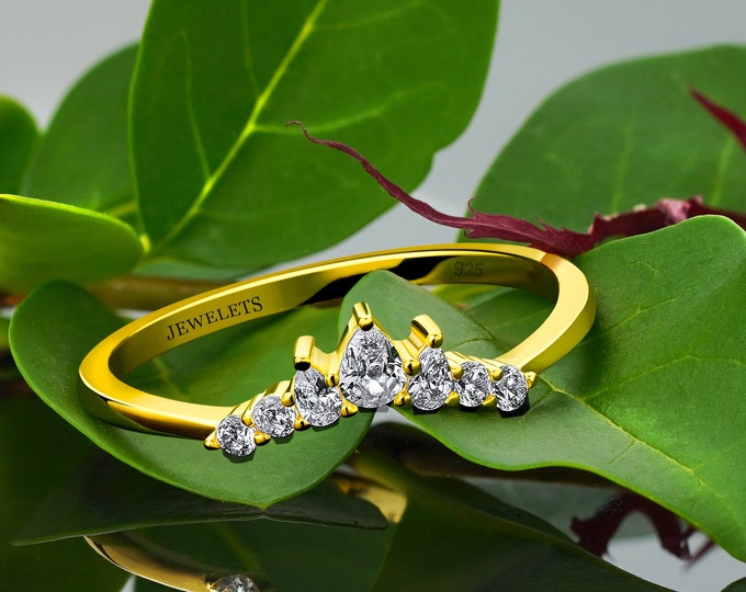 Silver 925 Ring Band 7 pcs AAA Cubic Zirconia Fine Jewelry Gold Plated Silver Crown Shape Band Stackable