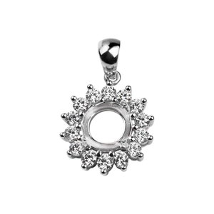 May include: A silver pendant with a round, open center and a halo of small, clear diamonds.