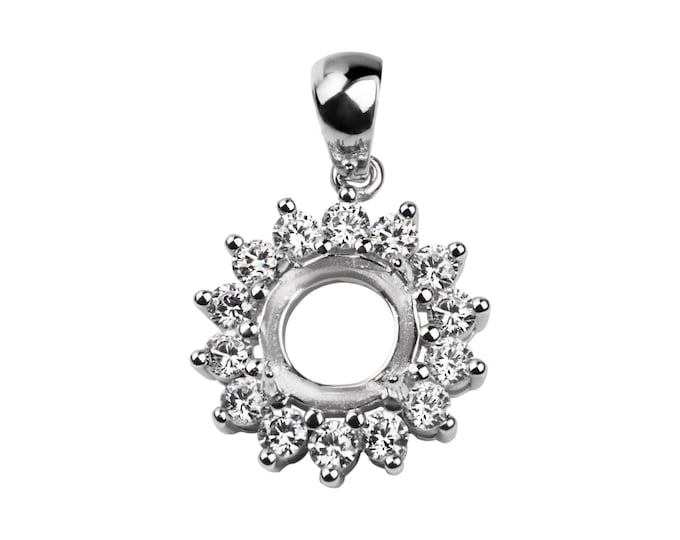 925 Silver Pendant Blank – 8 mm Halo Prong Setting for Cabochon – Rhodium Plated
