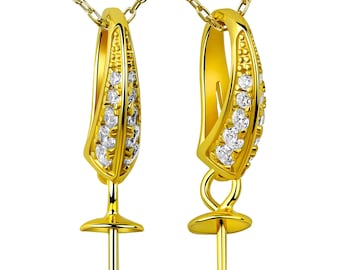 Gold Plated 925 Sterling Silver Pearl Pendant Blank with Peg – 20 CZ Stones – Fine Jewelry Finding for Half-Drilled Pearls and Beads