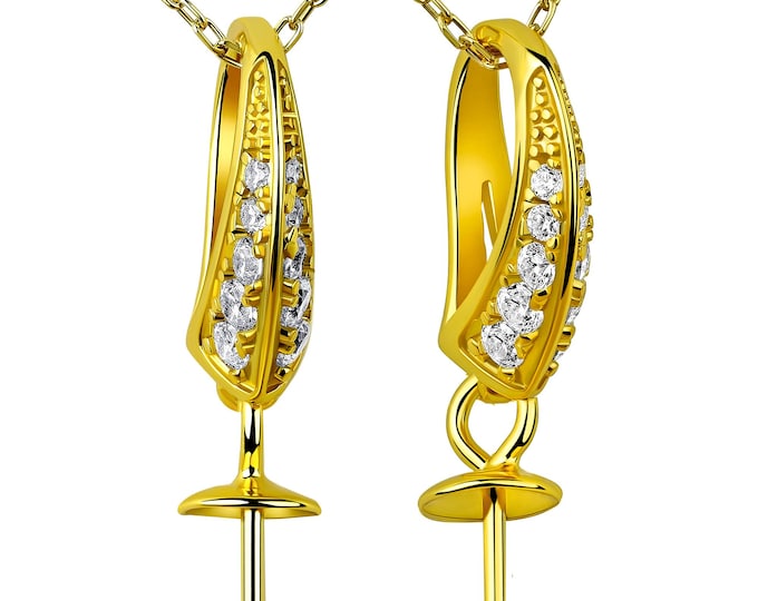 Gold Plated 925 Sterling Silver Pearl Pendant Blank with Peg – 20 CZ Stones – Fine Jewelry Finding for Half-Drilled Pearls and Beads