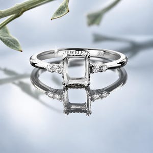 925 Sterling Silver 6x8 mm Rectangular Ring Blank – Rhodium Plated Prong – for Faceted Gemstones