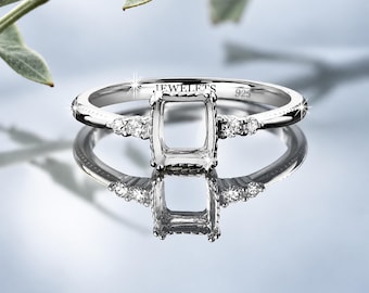 925 Sterling Silver 6x8 mm Rectangular Ring Blank – Rhodium Plated Prong Setting with 4 Cubic Zirconia Side Stones – for Faceted Gemstones