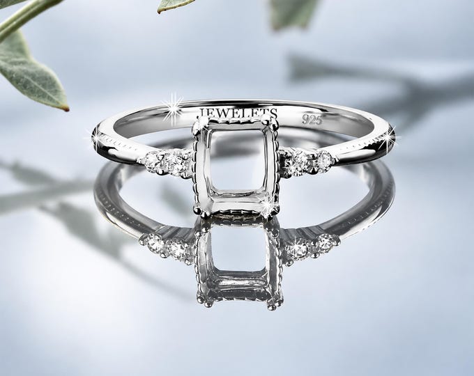 925 Sterling Silver 6x8 mm Rectangular Ring Blank – Rhodium Plated Prong Setting with 4 Cubic Zirconia Side Stones – for Faceted Gemstones
