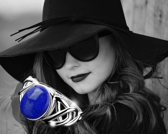 Lapis Lazuli Celtic Knot Ring | 925 Sterling Silver Rhodium Plated | 10x8mm Oval Gemstone | Boho Silver Ring for Women