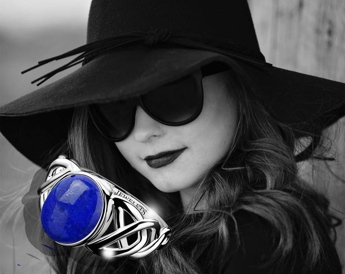 Lapis Lazuli Celtic Knot Ring | 925 Sterling Silver Rhodium Plated | 10x8mm Oval Gemstone | Boho Silver Ring for Women